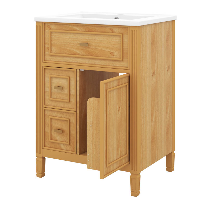 Meuble-lavabo 24 po avec lavabo, meuble-lavabo simple avec 1 tiroir rabattable, 2 tiroirs et tablette réglable, Bois