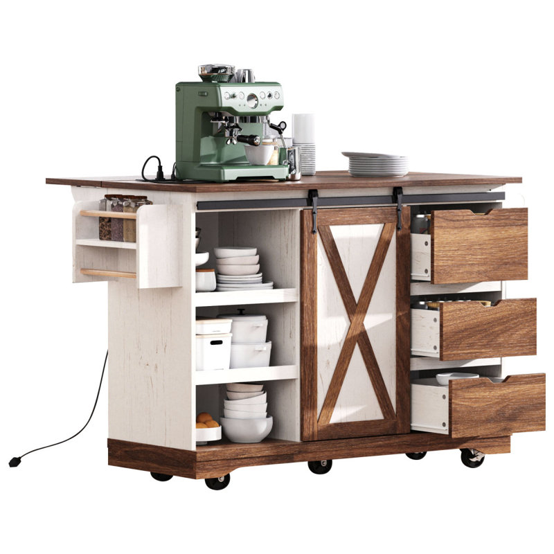 K&K 55.5" Farmhouse Kitchen Island With Drop Leaf, Kitchen Storage Island With Barn Door, Power Outlet, Rolling Kitchen Cart On Wheels With Spice Rack, For Home, Kitchen, Dining Room, White