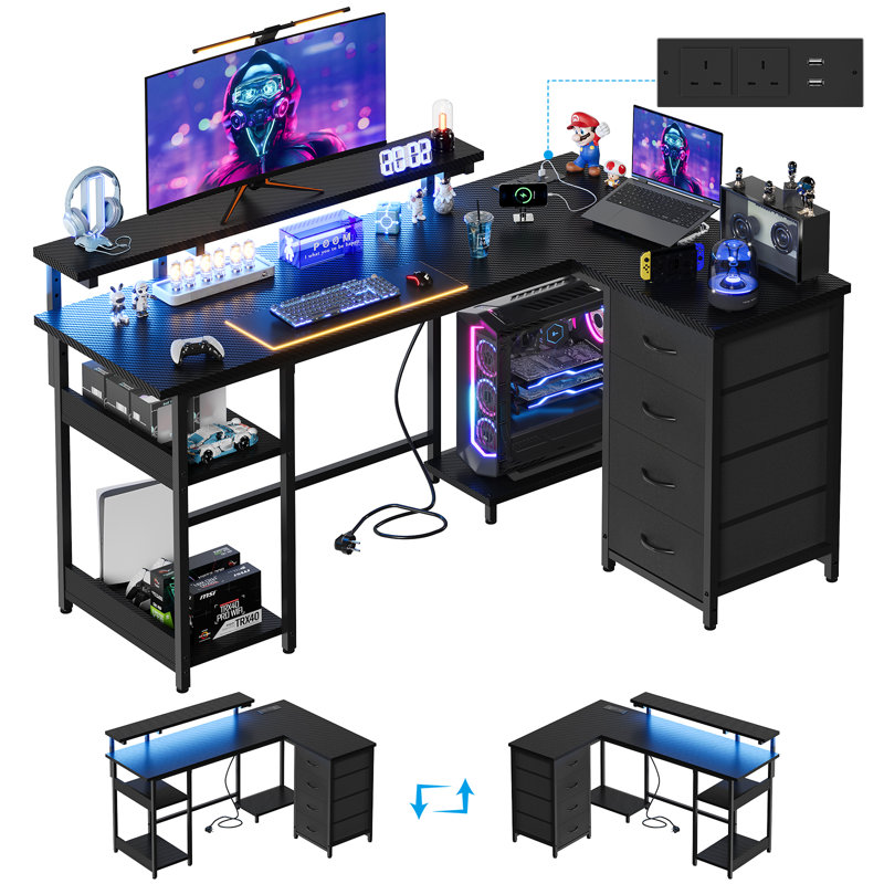 Modular L-Shaped Steel Computer Desk, 88cm. H x 155cm. W x 100cm. D, Black