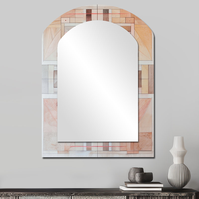 Vintage Overlapping Stillness II - Geometric Asymmetrical Mirror, Brown Arch Decorative Wall Mirror, Printed Metal Art