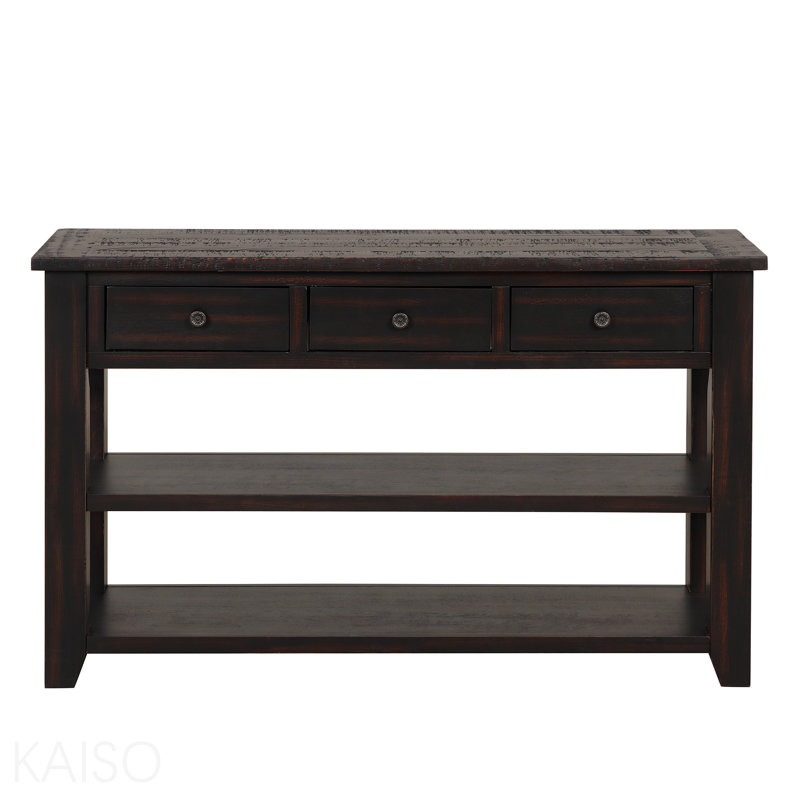 Console 48 po, 3 tiroirs, 2 tablettes, bois de pin pour entrée - noir vieilli