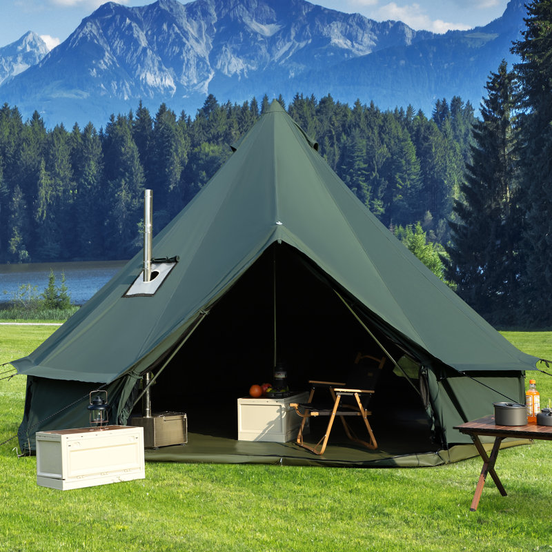 4m Cotton Canvas Bell Tent With Stove Jack, Roomy Yurt For Family Glamping Camping, 4 Season Tent With Zipped Removable Floor