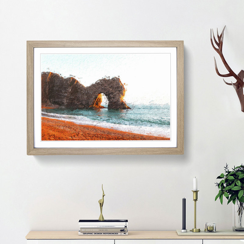 Durdle Door Cliffs at Sunset - Picture Frame Painting Print, 27cm H x 36cm W x 2cm D, Oak Framed