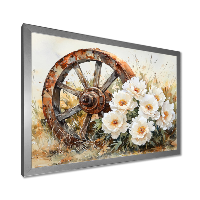 Inaiya, pivoines par roue de chariot I - pivoines, art mural, H 16 po x l 32 po, Reproduction encadrée, Argent argent