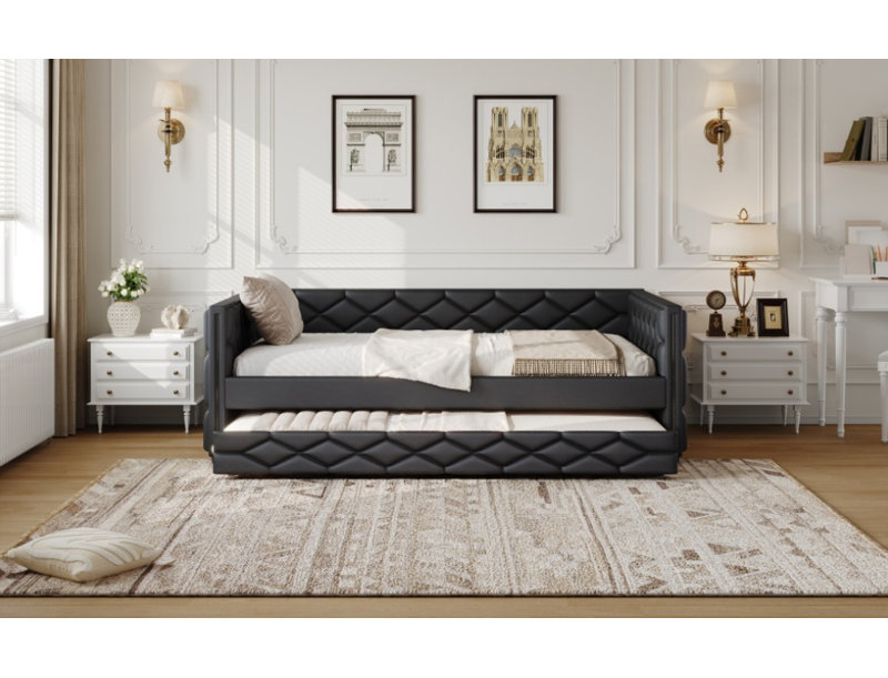 Full XL Size Upholstered Daybed with Trundle and LED, Black, Black