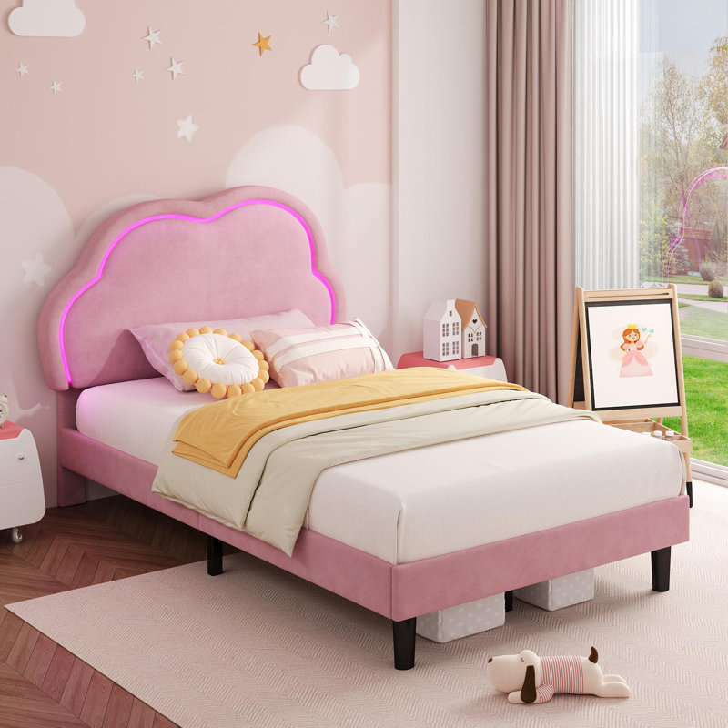 Upholstered Bed With Adjustable  Headboard Velvet, Pink, Single (3')