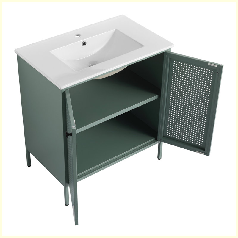 Meuble-lavabo autoportant moderne avec lavabo en céramique, Vert menthe