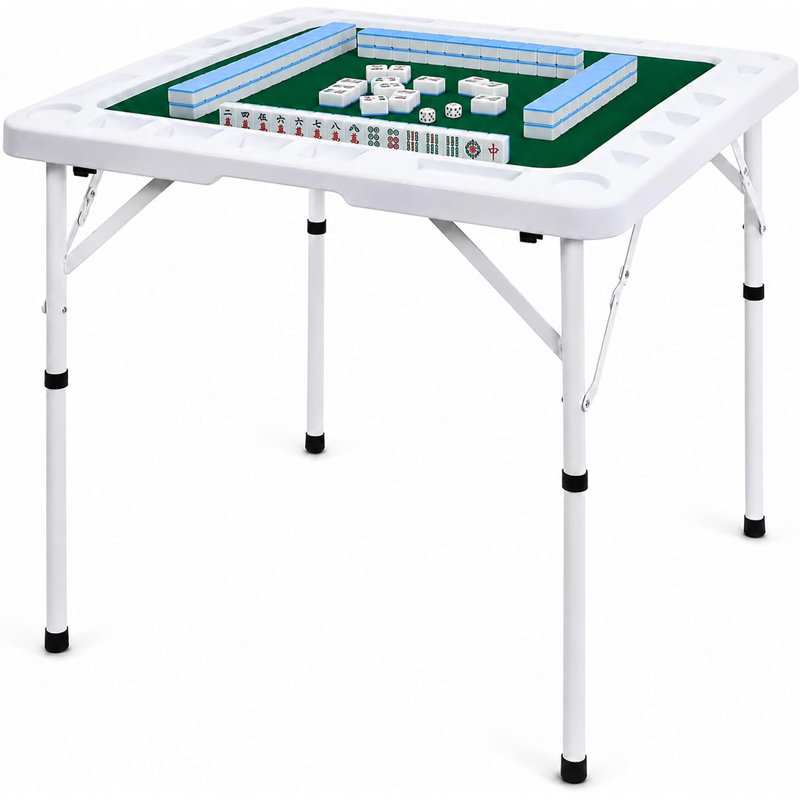 Folding Mahjong Game Table with Green Felt Top, 4 Cup Holders & Tile Trays