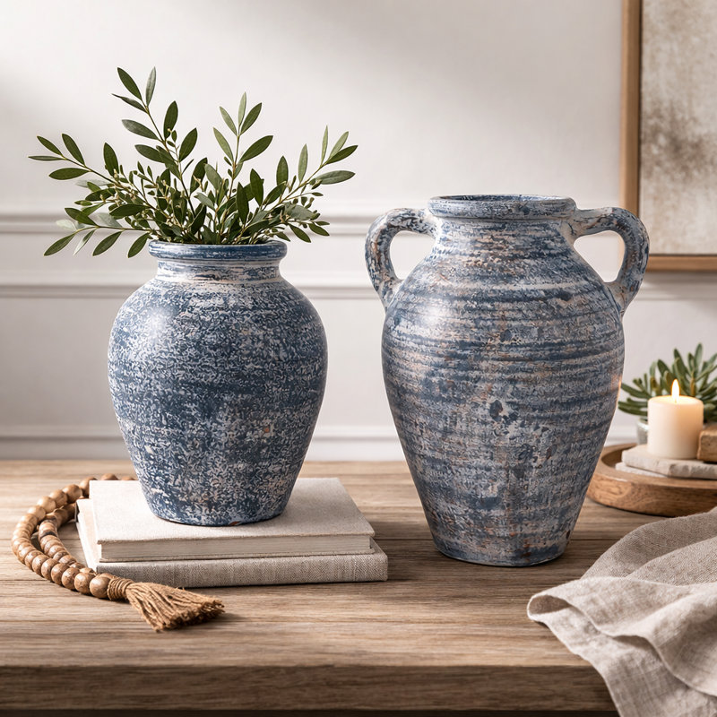 Kenith Handcrafted Paper Mache Clay Vase Set With Amphora Shape And Handles - Rustic Decorative Accent For Home Decor