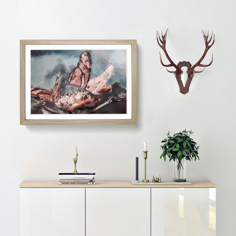 Pink Butterflies in Abstract - Framed Print, 40cm H x 60cm W x 2cm D, Oak