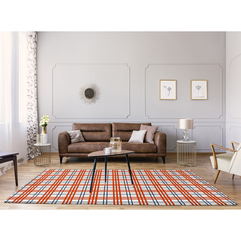 Plaid bleu fait à la main/orange/blanc Tapis décoratif, Rectangle 5 pi x 7 pi