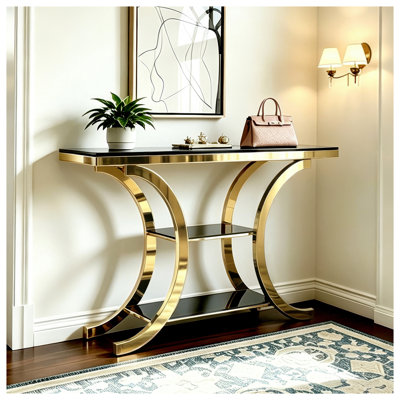 Console miroir de 160 cm avec cadre doré, meuble de rangement en verre à trois niveaux pour entrée, salon et couloir