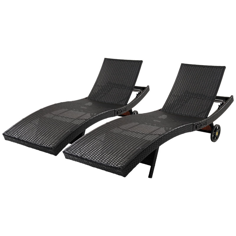 80" Patio Wicker Chaise Lounge with Adjustable Backrest and Rolling Wheels, Black & Brown