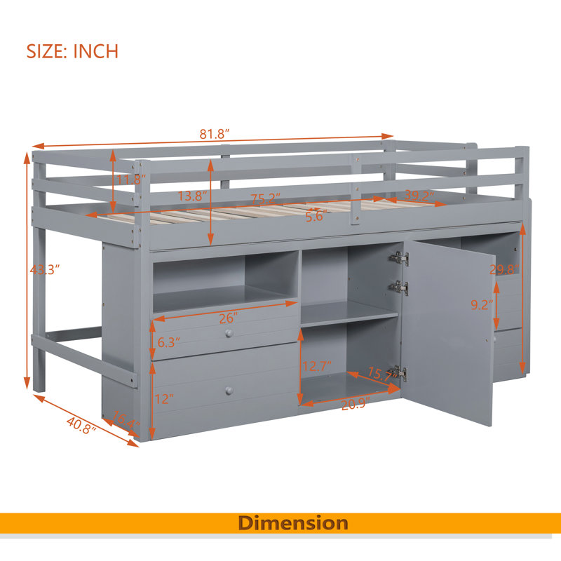 Lit mezzanine simple avec 4 tiroirs, sous l'armoire et les tablettes, Gris