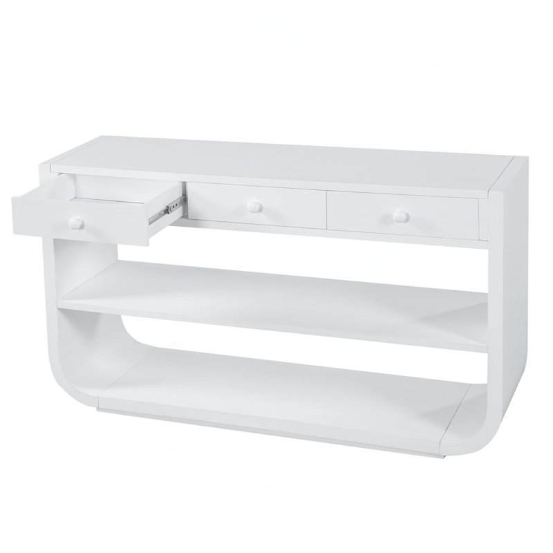 Console moderne courbée avec 3 tiroirs à fermeture en douceur et 2 tablettes ouvertes, base en bois massif, table de vestibule pour le vestibule du salon