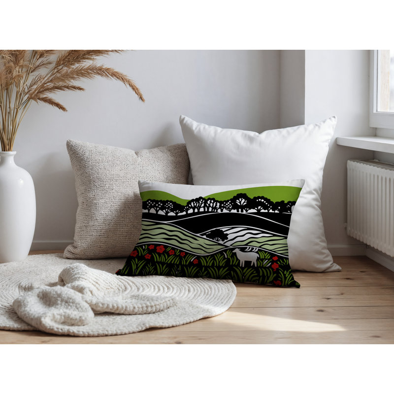 Oreiller rectangulaire intérieur / extérieur Voldy Floral Landscape, Rectangle H 14 po x l 20 po, Chartreuse