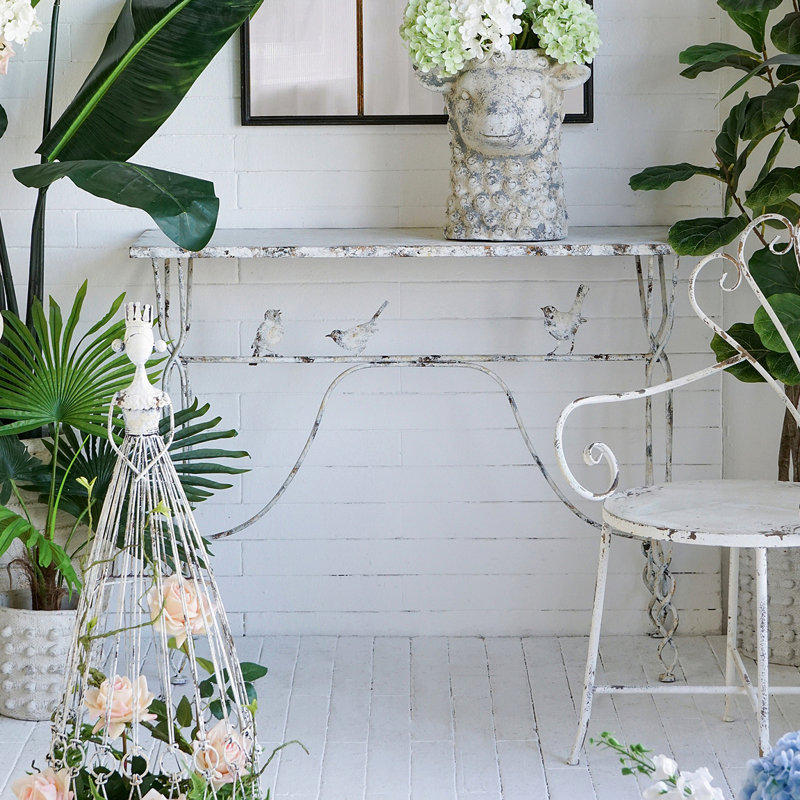 Console Whimsical Bird Perch, fabrication en fer vieilli, table d'appoint avec pieds torsadés