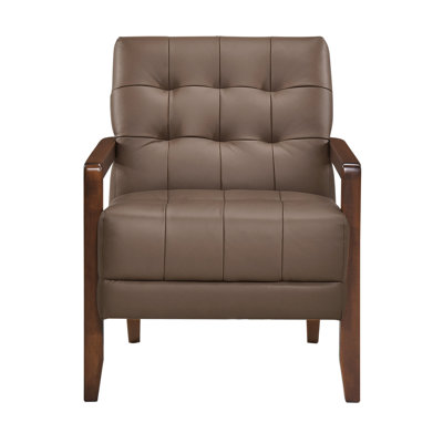 Modern Brown Leather Armchair With Back And Walnut Finish Accent Chair In Detail Plywood Base