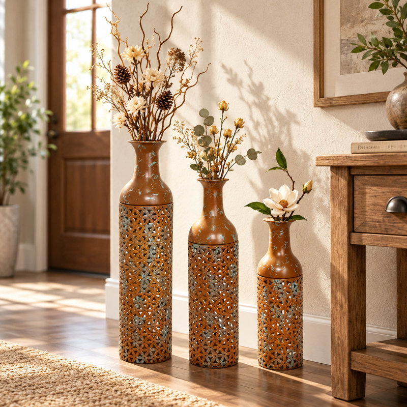 Vases de plancher rustiques en métal brun avec motif de feuilles, ensemble de 3