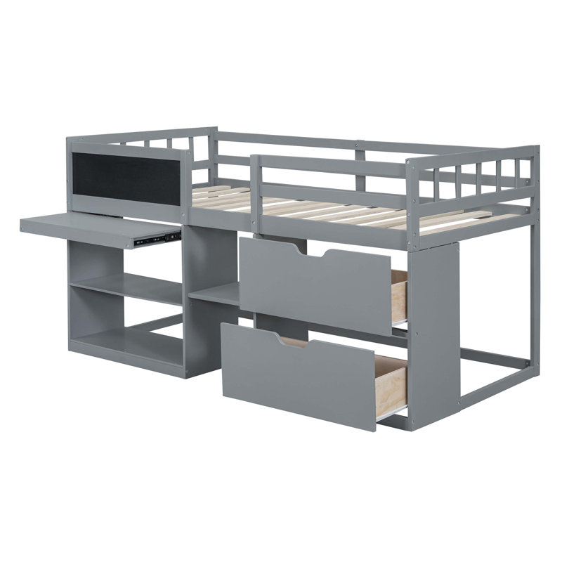 Twin Size Low Loft Bed with Rolling Desk, Shelf and Drawers - Grey