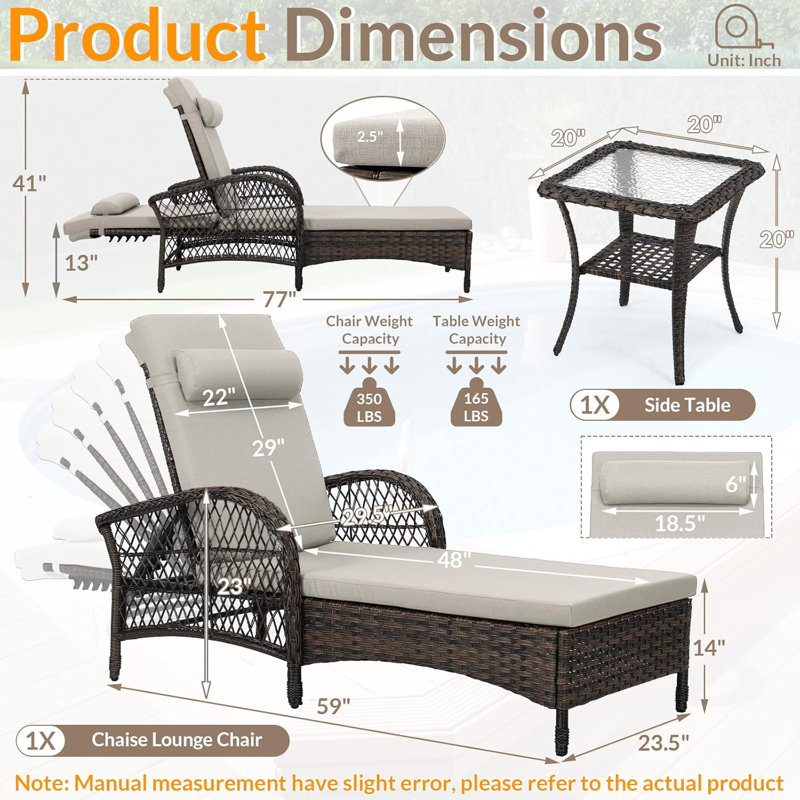 Outdoor Wicker Lounge Chair Set, 6-Position Adjustable Patio Chaise Lounge W/Side Table, All Weather Lay Flat Pool Sunbathing Recliner, Armrest & Head Pillow, Fade-Resistant, Beige