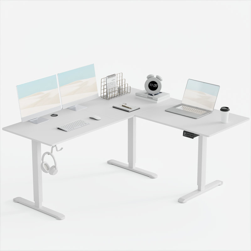 White Carbon Fiber L-Shaped Adjustable Standing Desk with USB Port