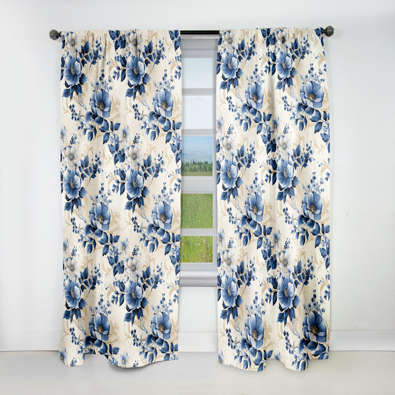 Cobalt Blue Cameo Trellis Victorian Pattern I Velvet Blackout Single Curtain Panel, 52" W x 95" L