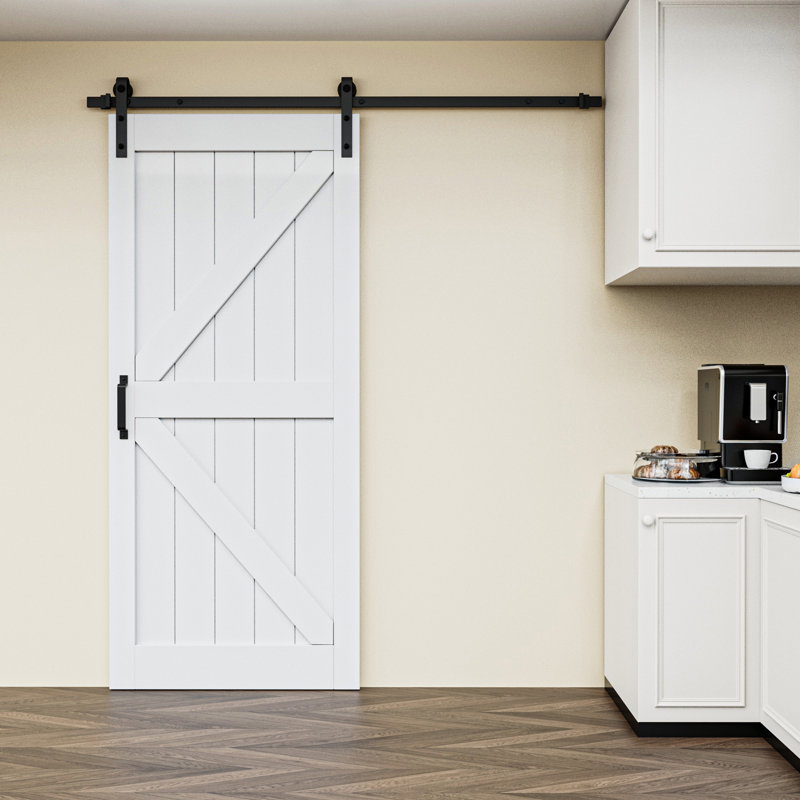 Modern K Shape Primed  Sliding Barn Door with Installation Hardware Kit, 36" x 84"