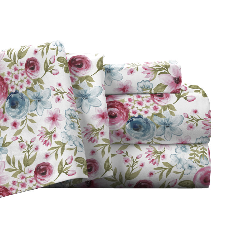 Queen Gray Cotton Flannel Floral Sheet Set
