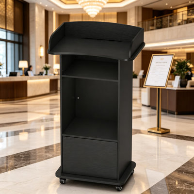 Mobile Lectern Podium Stand With Locking Wheels And Storage - Portable Presentation Desk For Office, Classroom, Church, And Events