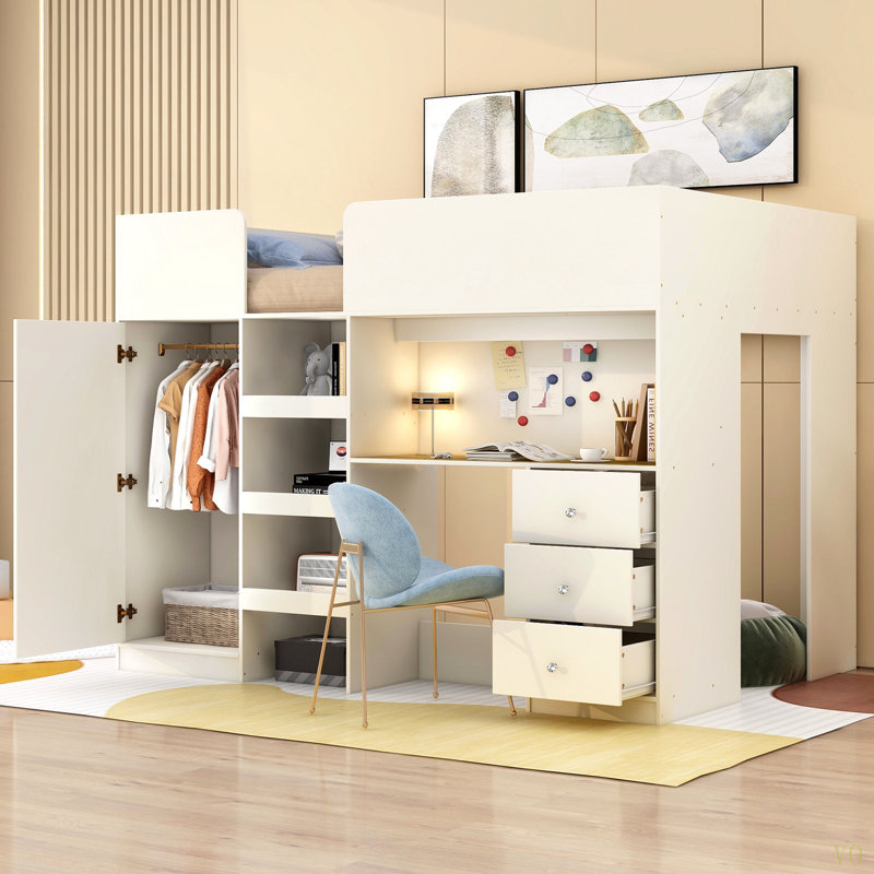 Lit mezzanine en bois avec garde-robe intégrée, bureau, tablettes de rangement et tiroirs, Beige