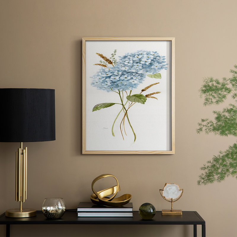 Petite hydrangée bleue I, reproduction encadrée - bois massif, H 15 po x l 12 po