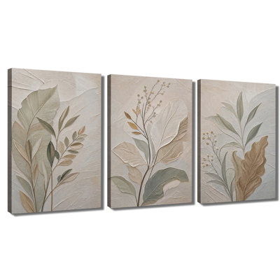 Toile, art mural beige neutre texturé, plante bohème, feuilles, peinture épaisse, décoration murale botanique