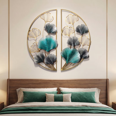 2-Piece Ginkgo Leaf Metal Wall Art, 27.5" Round Wall Sculpture Set, Modern Luxury Split Circle Wall Decor with Gold, Teal & Gray Accents