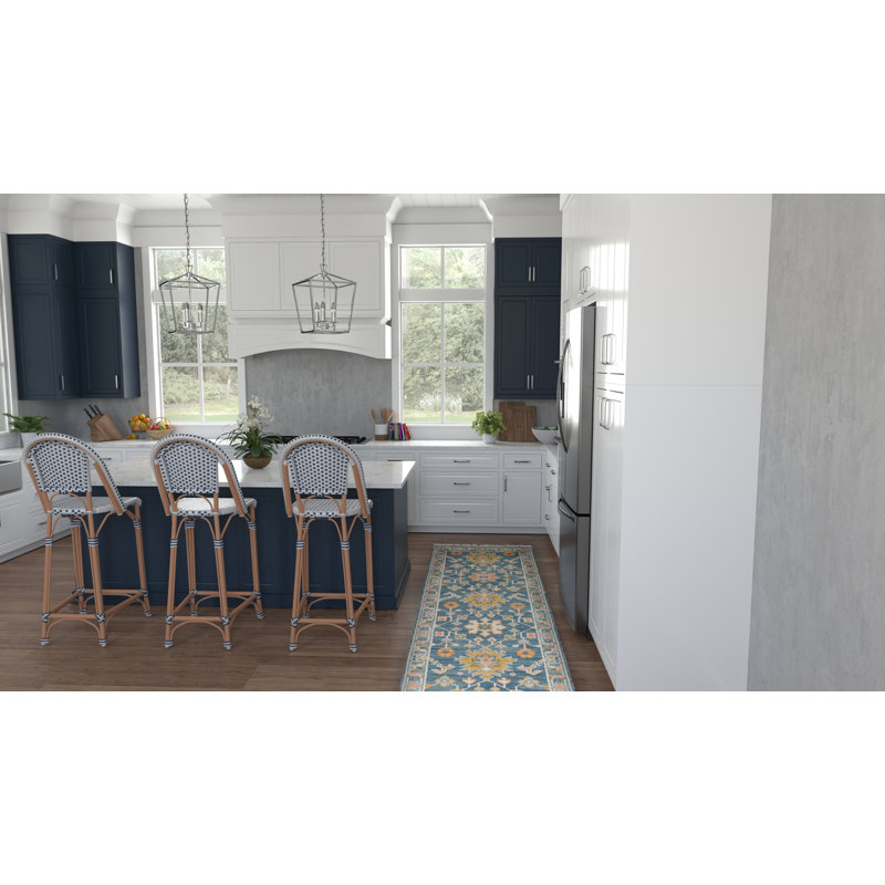 Handmade Blue Floral Wool Runner Rug with Tassels