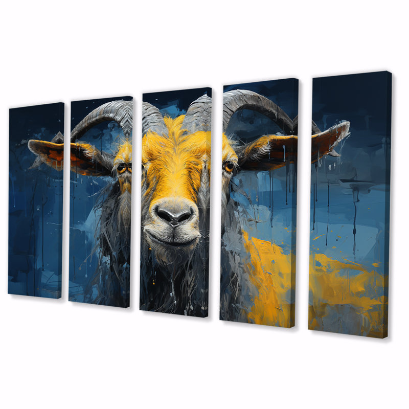 Chèvre jaune et bleu, paysage de prairie II - chèvre, art mural, H 28 po x l 60 po