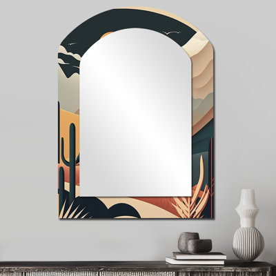 Pleine lune au-dessus des montagnes du désert - miroir décoratif en forme d'arche de montagne, miroir mural asymétrique jaune