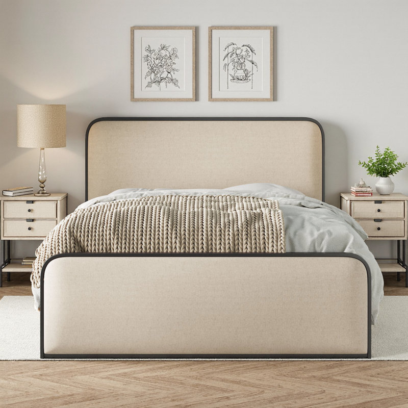 Modern Upholstered Bed Frame with Headboard & Footboard, King Size Platform Bed with Under Bed Storage, 800 lb Capacity, Beige