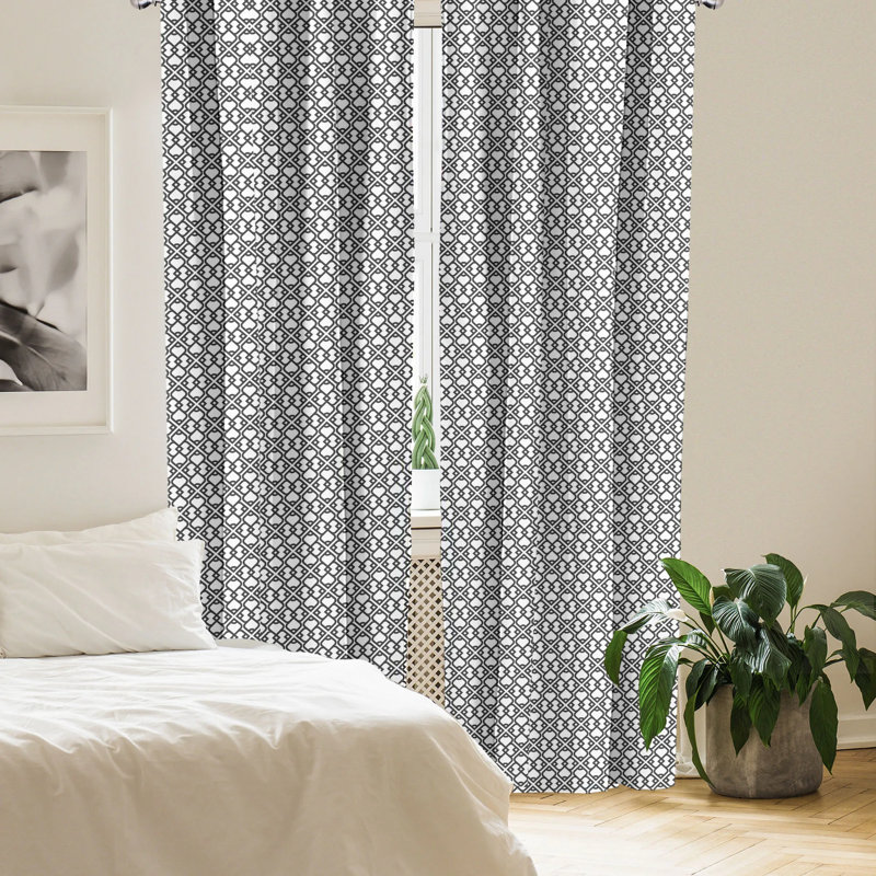 White and Charcoal Geometric Polyester Rod Pocket Curtains, 28" x 63"