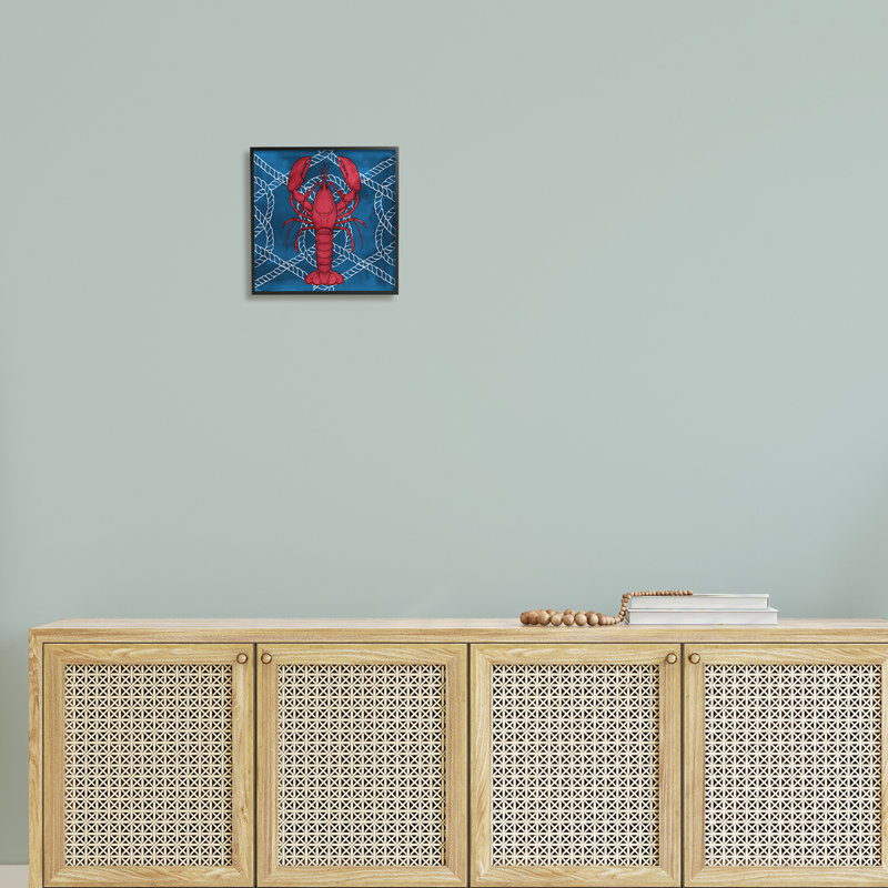 «Red Lobster Outline Rope Motif Ocean Life», estampe numérique texturée par Ziwei Li, Giclée encadrée noir minuit