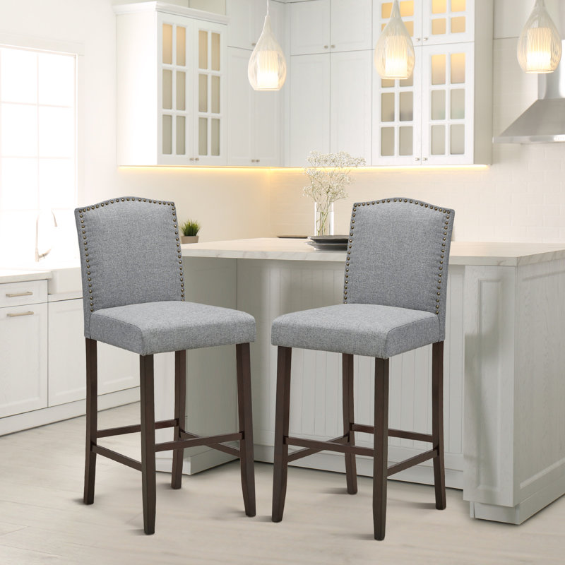 Red Barrel Studio Set Of 2 Nailhead Bar Stools Upholstered Counter Height Stool For Kitchen/dining Room, Grey