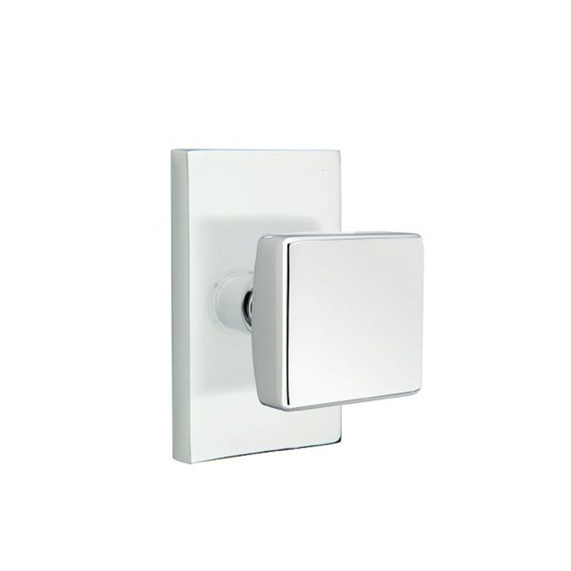 Ensemble de faux boutons Emtek avec rosette rectangulaire moderne et bouton carré, Chrome poli