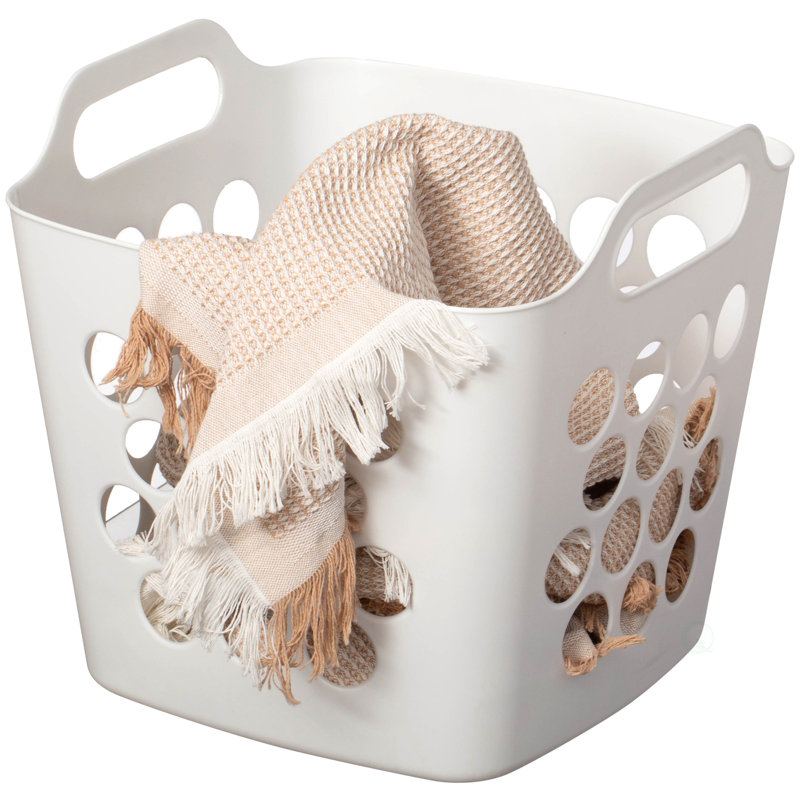 Flexible Plastic Carry Laundry Basket Holder Square Storage Hamper with Side Handles, White