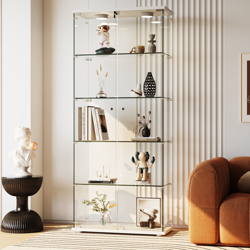 Vitrine à 5 niveaux avec portes doubles en verre, détecteur de mouvement et éclairage à DEL 3 couleurs pour objets de collection, vin et salon