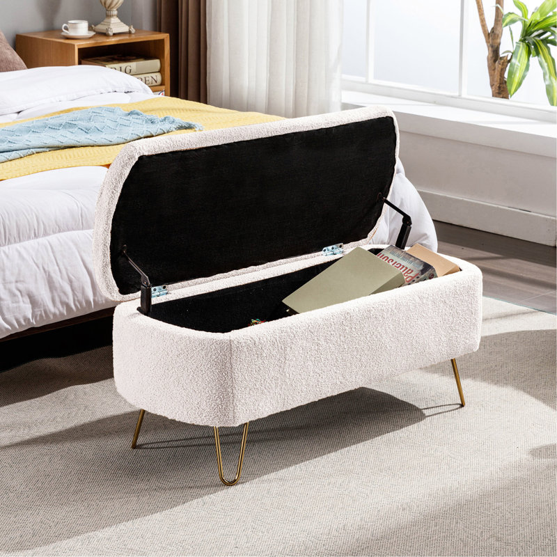 Modern White Storage Bench With Soft Faux Fur Padding For Bedroom Gold Legs And Exterior