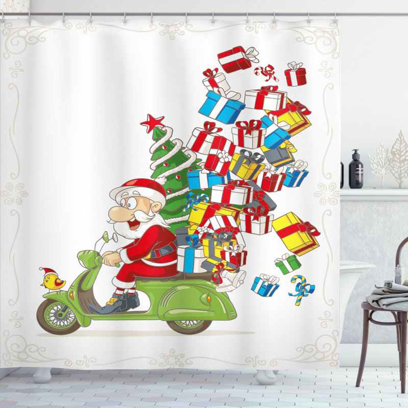 Rideau de douche simple de noël sur le père noël sur motorbike scooter, H 75 po x l 69 po