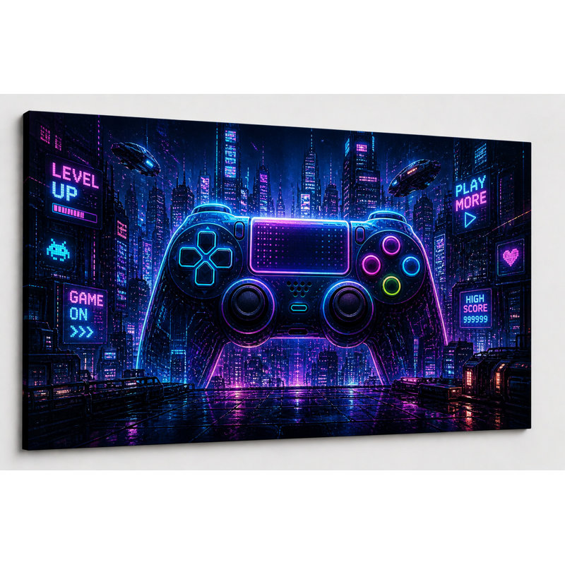 Grand contrôleur de ville futuriste de jeu mural Cyberpunk néon Tech impression sur toile moderne salle de jeu décor 24 x 36 pouces prêt à être accroché