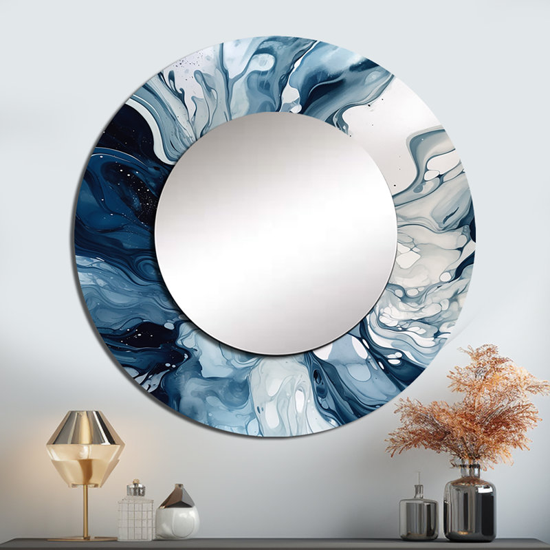 Sanavi Blue Grey Ethereal Elixir I - Abstract Decorative Mirror, Blue Round Wall Mirror, Printed Metal Art, 36" x 36"