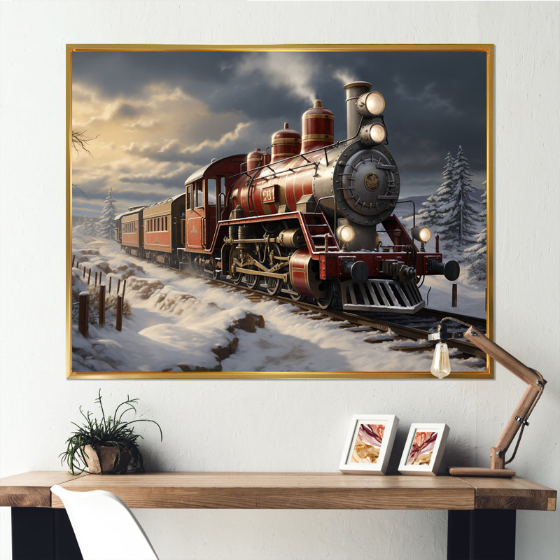 Train de Noël campagne d'hiver - train, art mural, Cadre flottant doré, H 34 po x l 44 po x P 1,5 po
