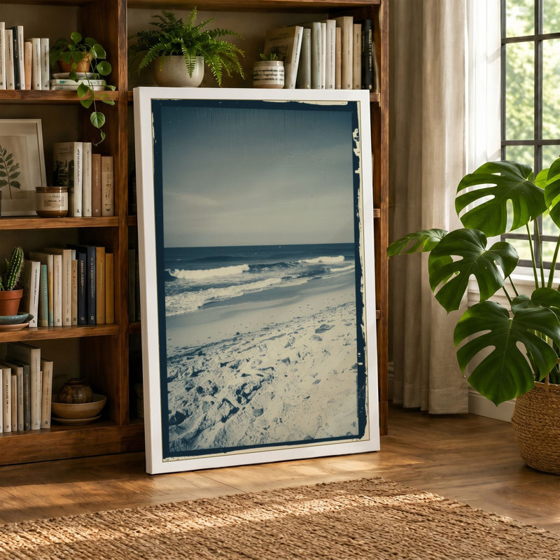 Footprints in Sand Coastal - Wrapped Canvas, 18x12 - 45.7 x 30.5 cm, Teal Border